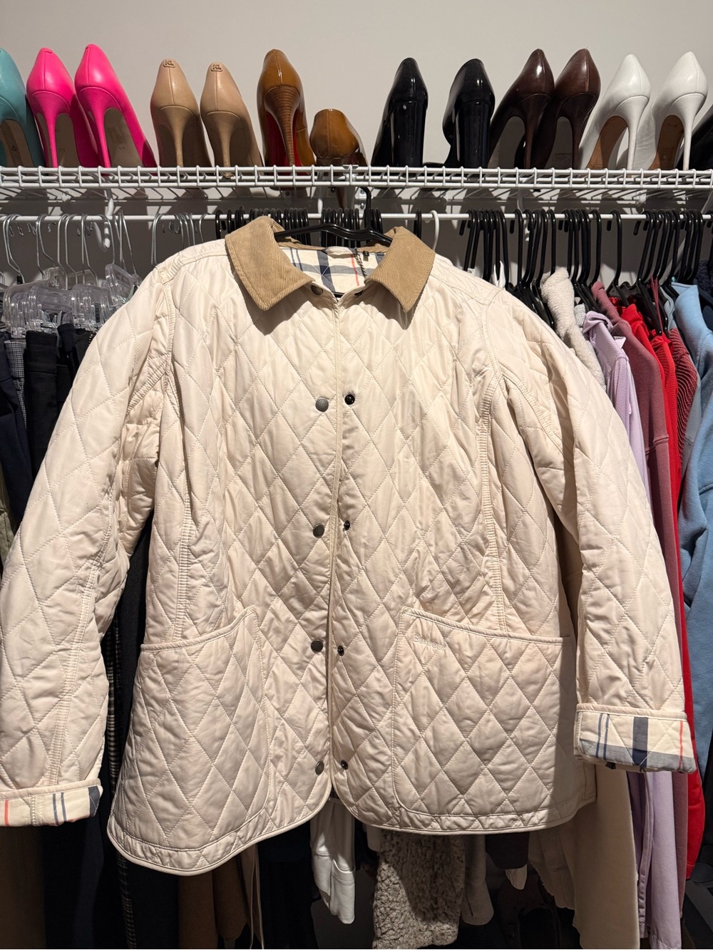 Barbour Quilted Cream Jacket with Corduroy Collar - Women's Lightweight Coat